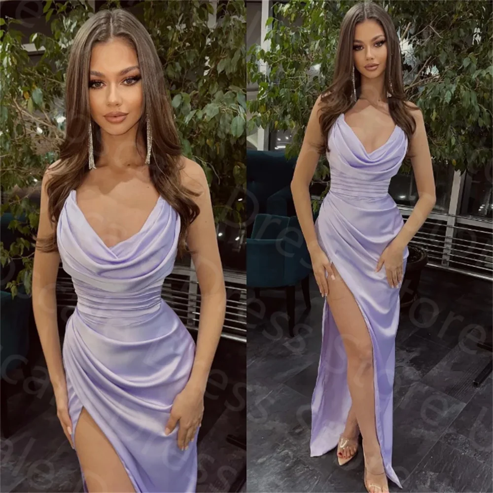 

Simple & Charming Lavender Prom Dresses V Neck Party Evening Gowns Plus Size Pleats Slit Formal Long Vestidos De Gala Mujer