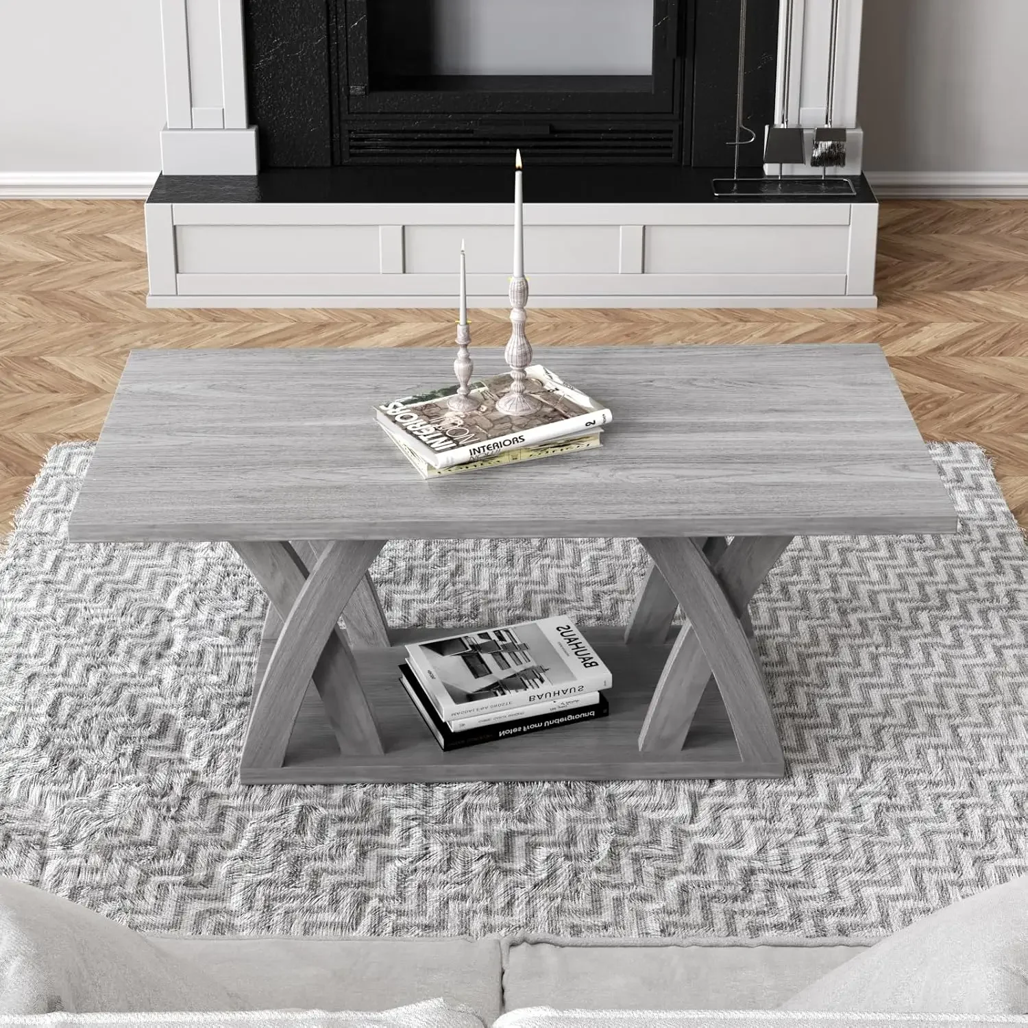 Coffee Table with Shelf, Wood Coffee Table for Living Room, Open Display Area,47” Grey 3