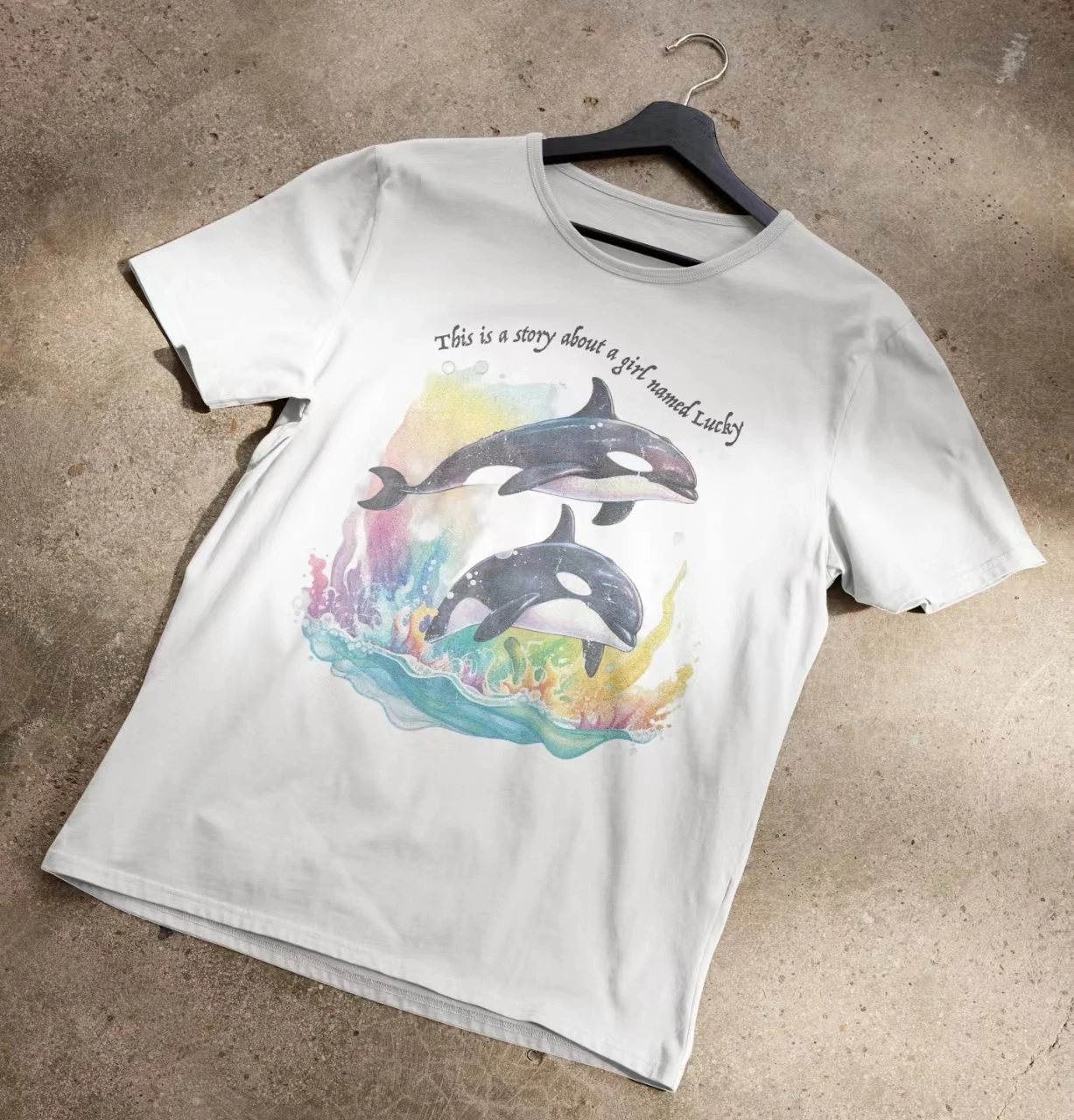 

This Is A Story about A Girl Named Lucky Slogan Women T-shirt Cute Cartoon Whales in A Sea of Color Print Fashion Female Shirt