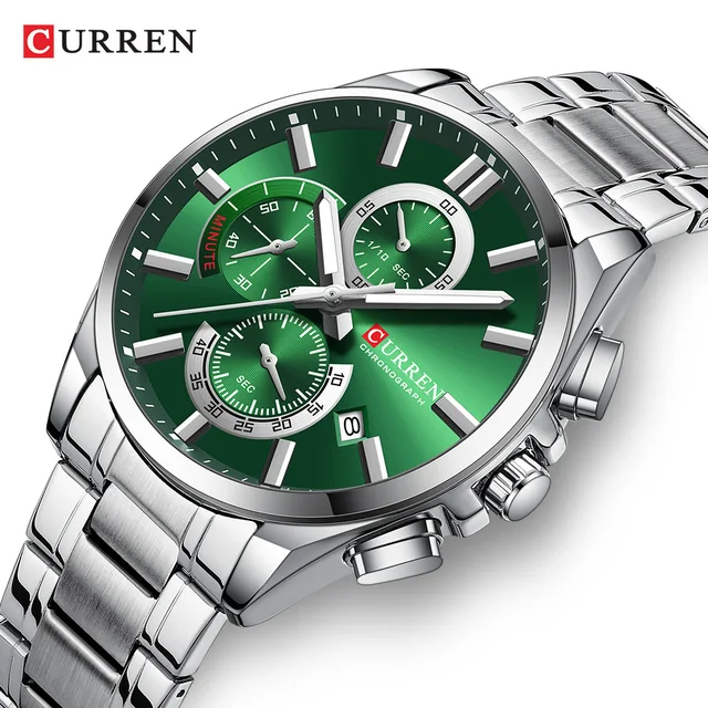 CURREN Men's Stainless Steel Chronograph Watches with Luminous Hands,Triple Sub-Dials Auto Date Fashion Design Quartz Wristwatch