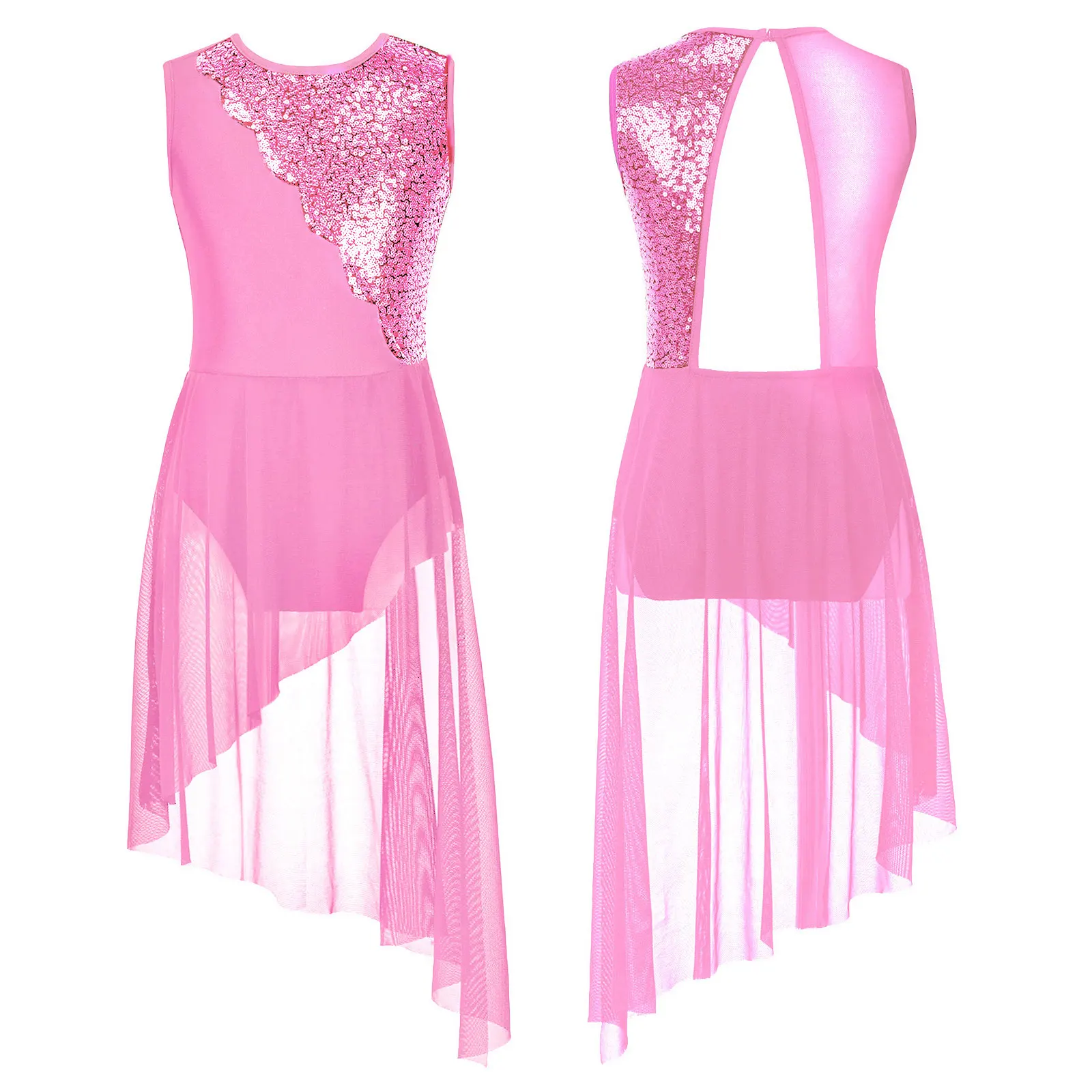 thumbnail image 1 of Vestido de competición de baile de Ballet para niñas pequeñas, ropa de baile con lentejuelas brillantes, sin mangas, dobladillo Irregular, espalda hueca, 1 of 5
