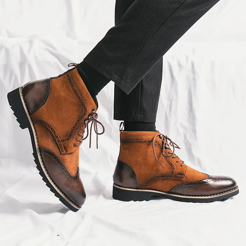 Retro Brown Mens Brogue Shoes Pointed Dress Shoes Men's Ankle Boots Lace-up High Top Casual Leather Shoes Men Botas Para Hombre