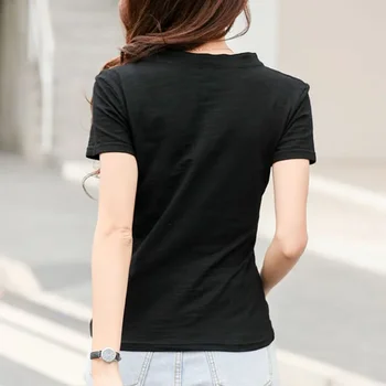 تي شيرت قطني فضفاض بأكمام قصيرة تي شيرت نسائي برقبة على شكل V تي شيرت أبيض غير رسمي ملابس علوية متينة أساسية ملابس نسائية لصيف 2025 5