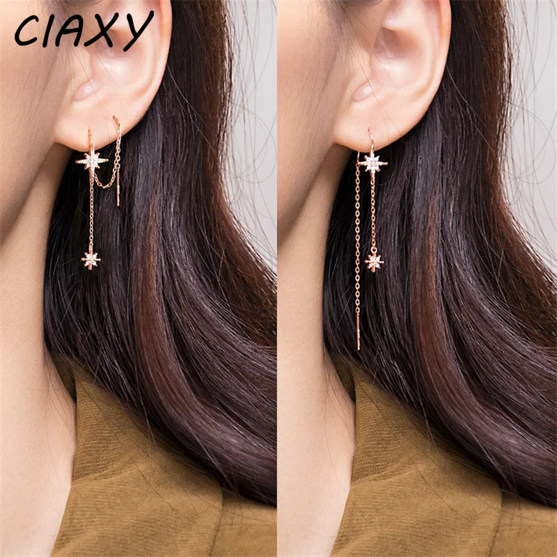 CIAXY – boucles d'oreilles en Zircon pour femmes, couleur argent incrusté, étoile de tempérament, longue gland, ligne d'oreille, bijoux de luxe, cadeau