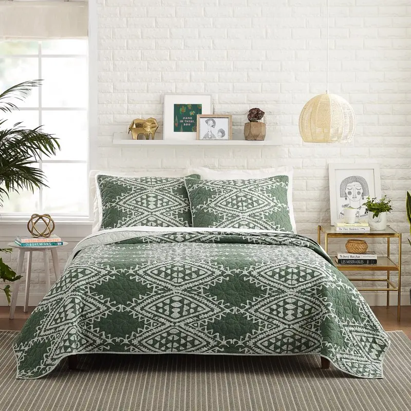 

Green Aisha Mosaic Cotton 3 Pieces Full/Queen Quilt Sets