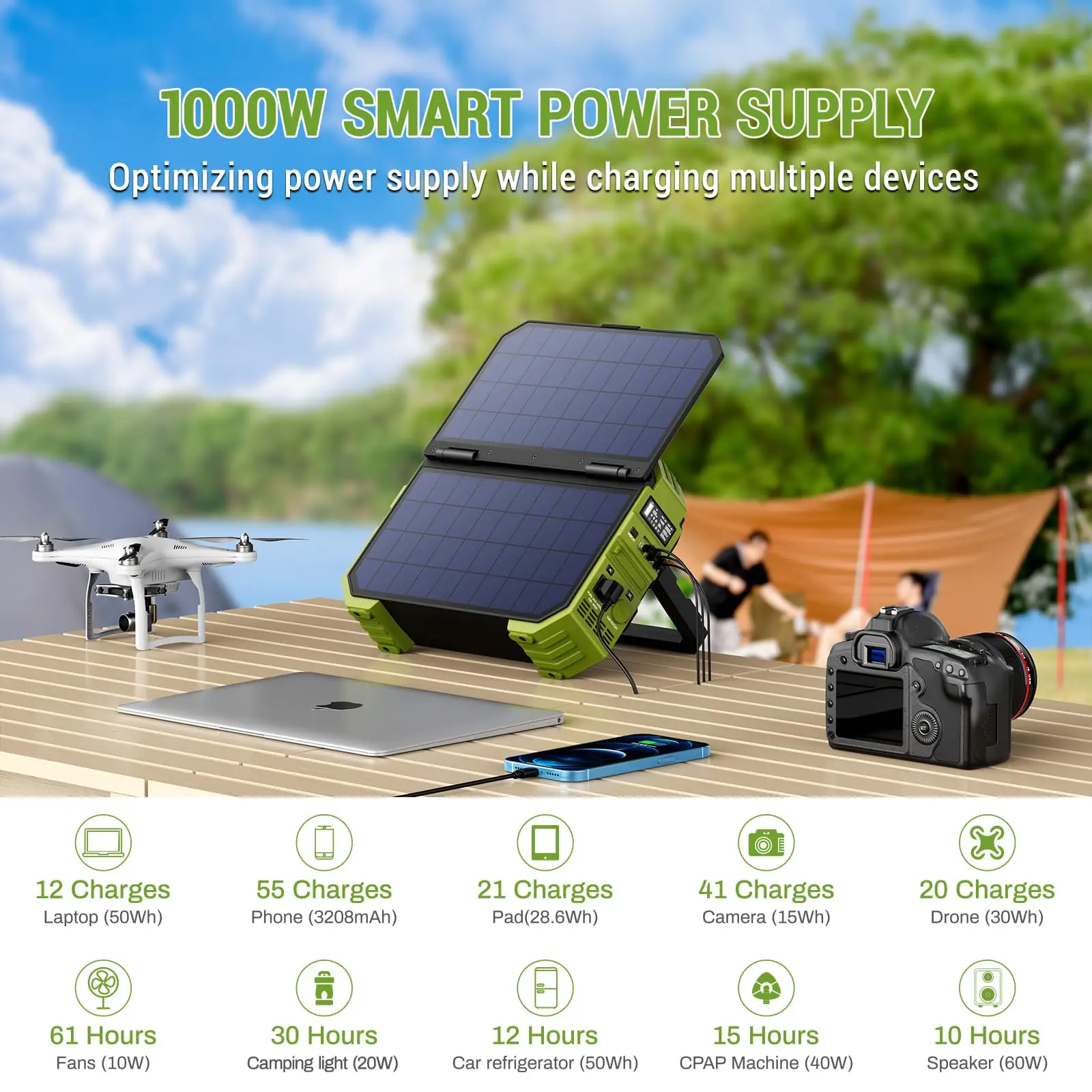 Portable Power Station with Built-in Solar Panel 614WH/192000mAh LiFePO4 Battery Pack 600W Solar Generator for Outdoor Camping 5