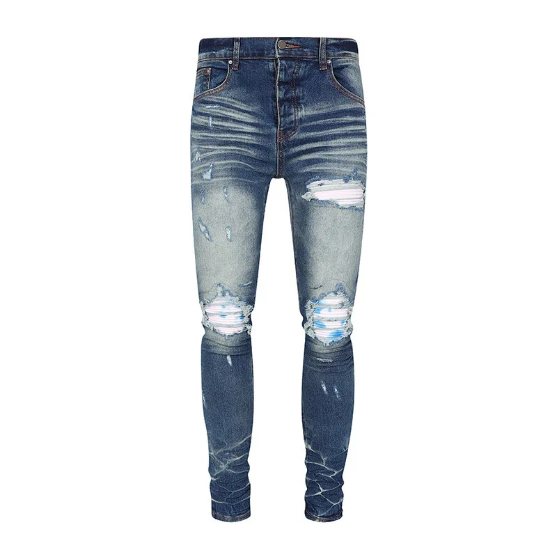 

Street Fashion Designer Men Jeans Dark Blue Stretch Buttons Trousers Patched Skinny Ripped Jeans Men Hip Hop Brand Pants Hombre