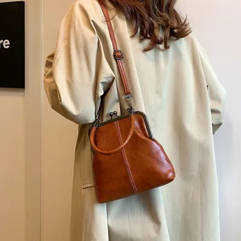 Elegante borsa a tracolla Kiss Lock Borsa a tracolla stile cinese in pelle PU di grande capacità Borsa da donna vintage retrò tinta unita 1