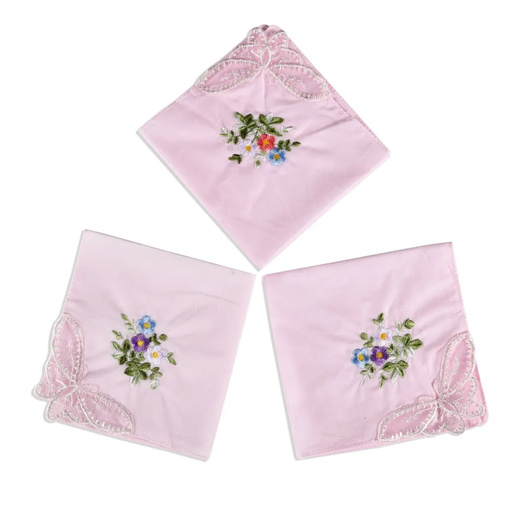 3PCS Luxury Cotton Women Hankies Embroidered Lace Flower Hanky Floral Random Color Cloth Ladies Handkerchief Fabrics