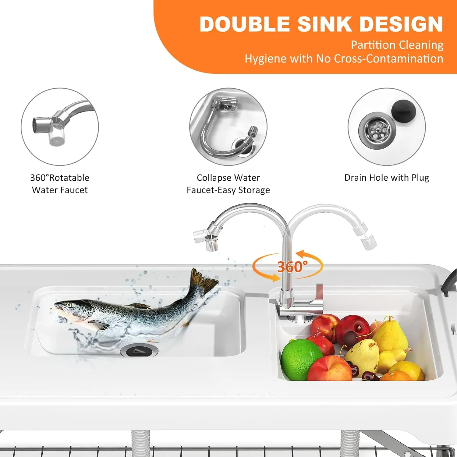 Folding Fish Cleaning Table with 2 Sinks 3