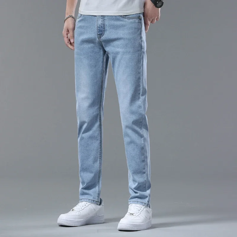 Fashion Korean Light Blue Slim Jeans Men Spring New Classic Regular Stretch Trousers Casual Soft Cotton Denim Trousers Male 4