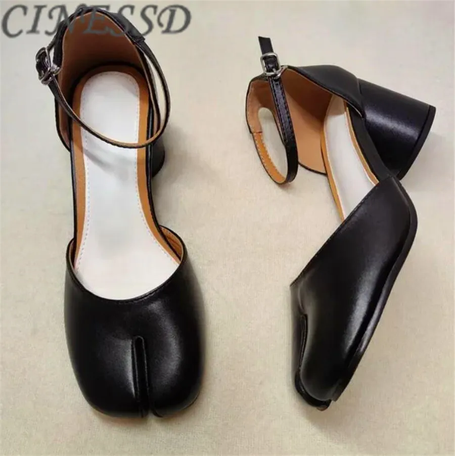 

Women'S Leather Shoes Split Toe Middle Heel Sandals Woman 6cm/3.5cm Black Heels For Women Pump Shoe Buckle Strap Sandalias Mujer