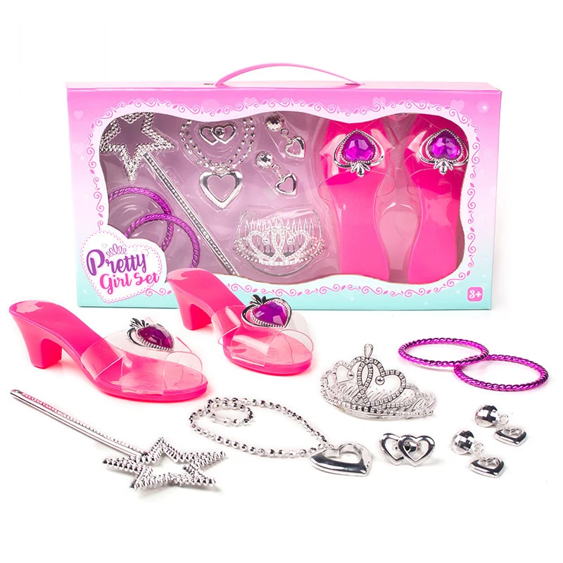 Girls Princess Dress Up Pretend play Jewelry Toys Set Of Princess Crystal Shoes Crown Bracelet Necklaces Role Play for Kids