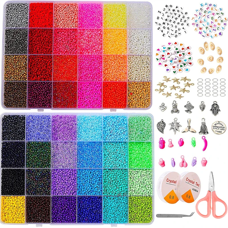 

QXTC 36000PCS 2mm Glass Seed Bead Set Alphabet Bead Kit Bead Gift Box for Necklace Bracelet Jewelry Kit Making DIY Accessories