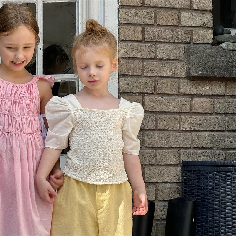 

Girls Short Sleeve2024 Korean Style Summer New Solid Color Puffy Sleeve Patchwork Shirt Simple Summer Children Short Sleeve