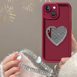Love Heart Makeup Mirror Phone Case with Diamond Bracelet and Soft Cover for Honor X9B (4)
