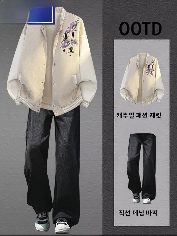 와섭 해피 남성 야구 자켓 및 바지 세트 2026년 봄 자수 긴팔 폴리에스터 섬유 0대에게 적합