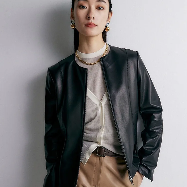

New Inner Mongolia Sheepskin Round Neck Waist Leather Jacket With Smart And Efficient Sheepskin Motorcycle Jacket
