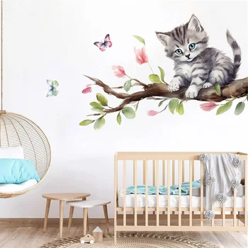 Cartoon acquerello simpatico gatto su ramo di albero adesivi murali per la decorazione della stanza dei bambini decalcomanie da parete decorazione della camera da letto decorazioni per la casa 1
