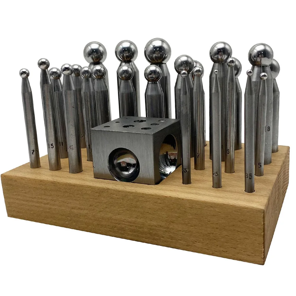 

25PCS High Quality Steel Dapping Punch Doming Block Punches Kit for Jewelry Metal Round Beads Forming Making with Wooden Base