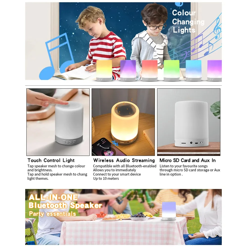 LED 터치 침대 옆 충전 야간 조명, RGB 디밍, 다채로운 USB 충전식 스피커, 홈 데코 침대 옆 조명