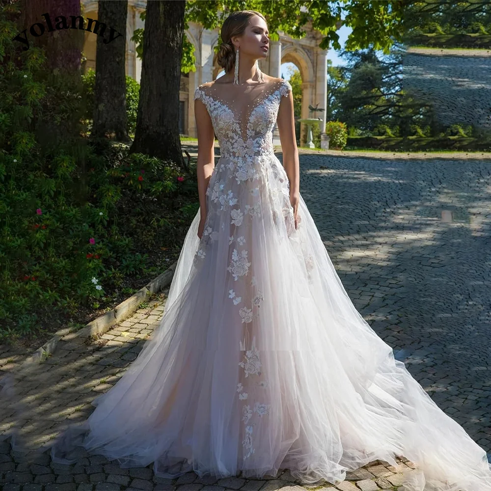 

YOLANMY du38 Wedding Dress Simpie Crew Neck Cap Sleeve Appliques Crystals Illusion Button Ceremony Robe De Soirée De Mariage