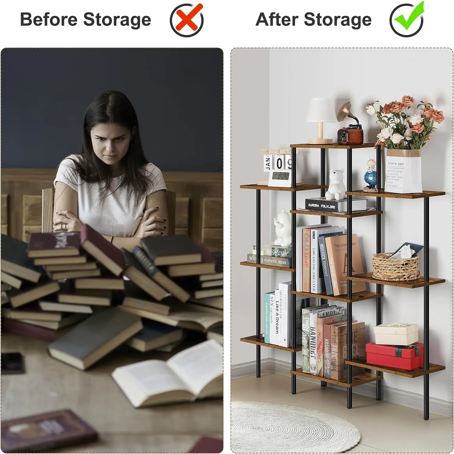 Four story S-shaped side table, open bookshelf, made of waterproof medium density fiberboard and thick metal tube
