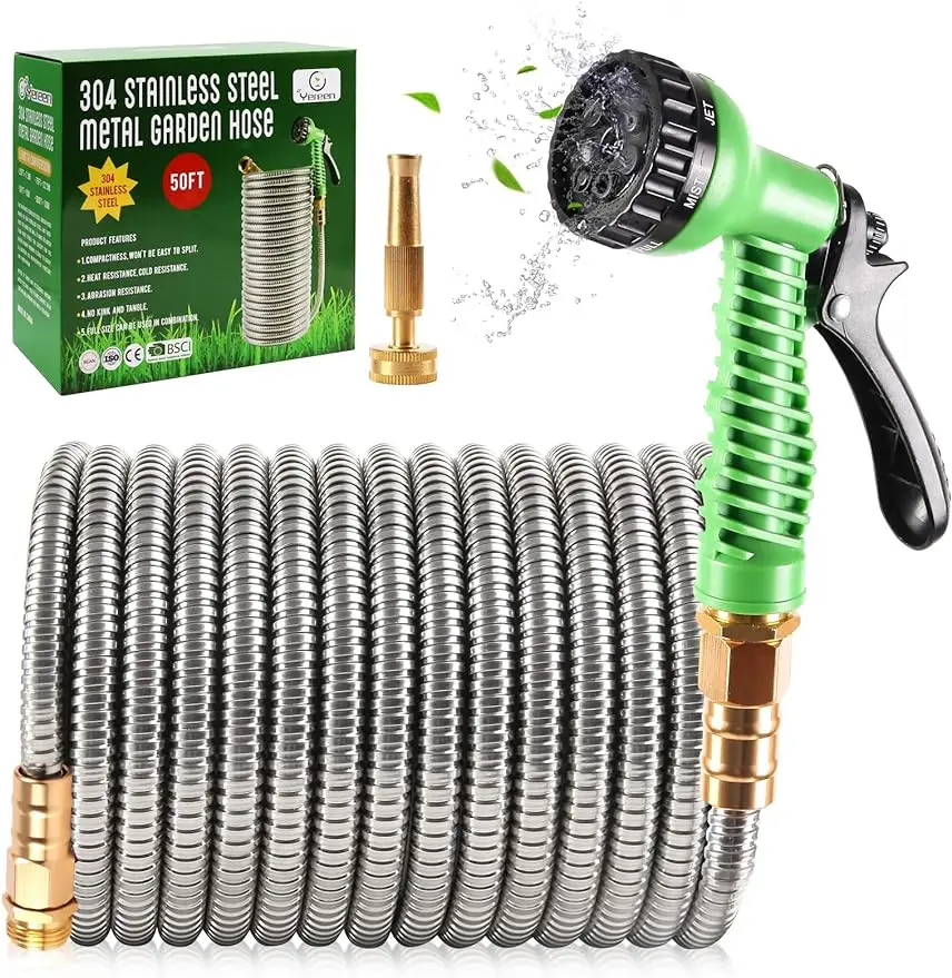 

304 Stainless Steel Metal Garden Hose 50FT Garden Hose with 3/4" Fittings and 2 Function Nozzle Kink Free Flexible Outdoor