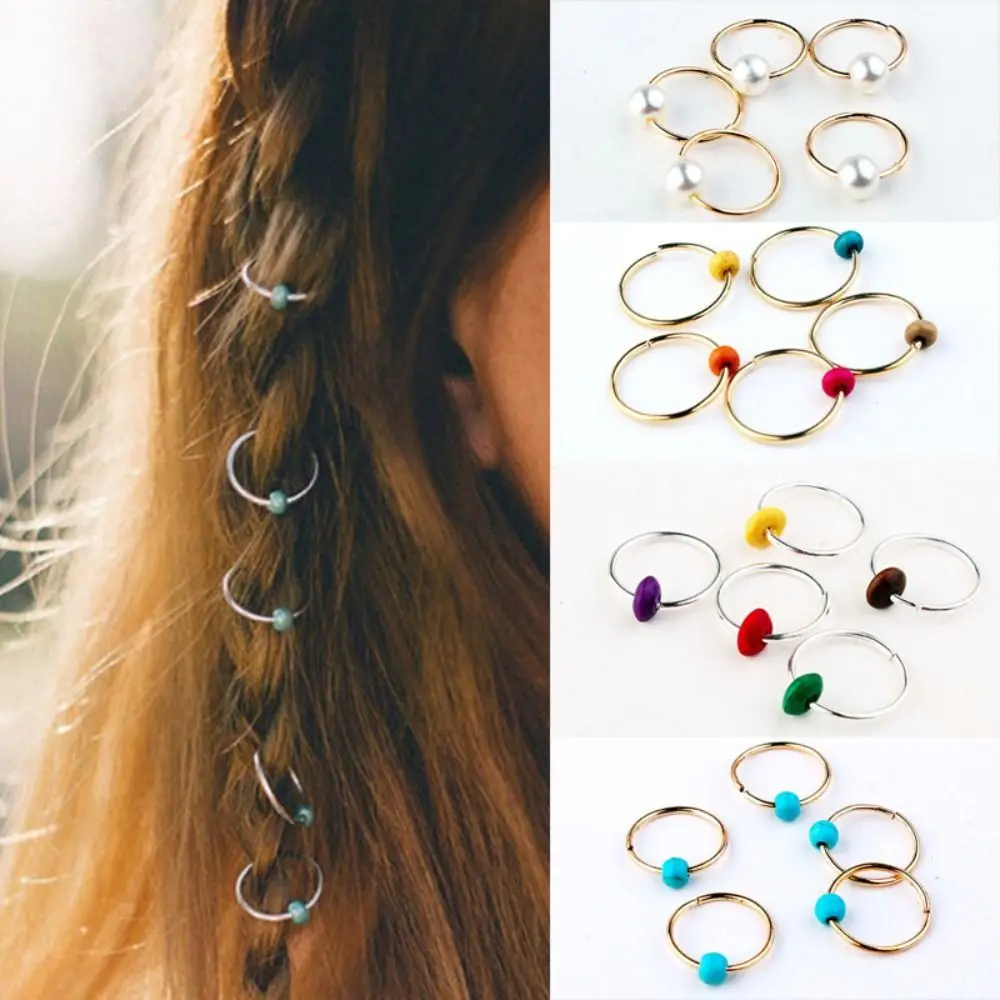 

5 Pcs/set Natural Stone Pine Colorful Wooden Pearl Hair Accessories Hair Ring Hip-hop Hair Accessories Braid Braided Hair Tool
