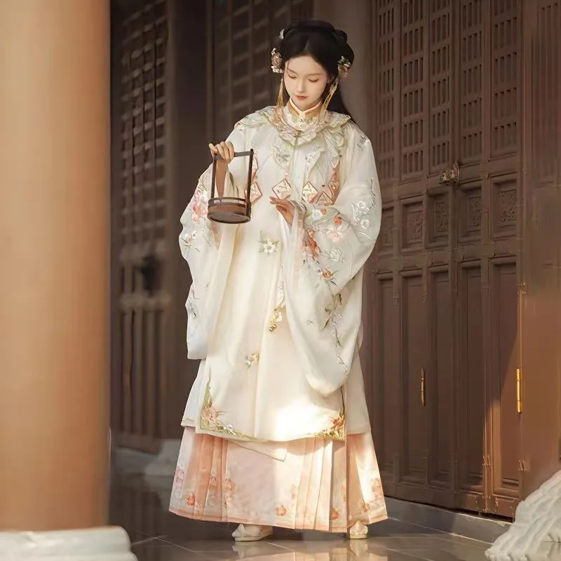 New Ming-Made Hanfu Women's Flower Clumps Crisp Dress Machine Embroidery Shoulder Collar