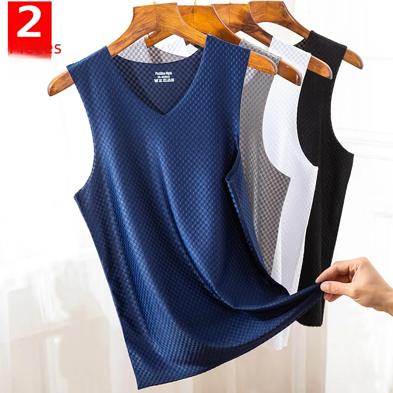 2-piece Set Ice Silk Vest Men's Summer Outer Wear Seamless Thin Slimming Mesh Sports Shoulder Sleeveless T-shirt Trendy