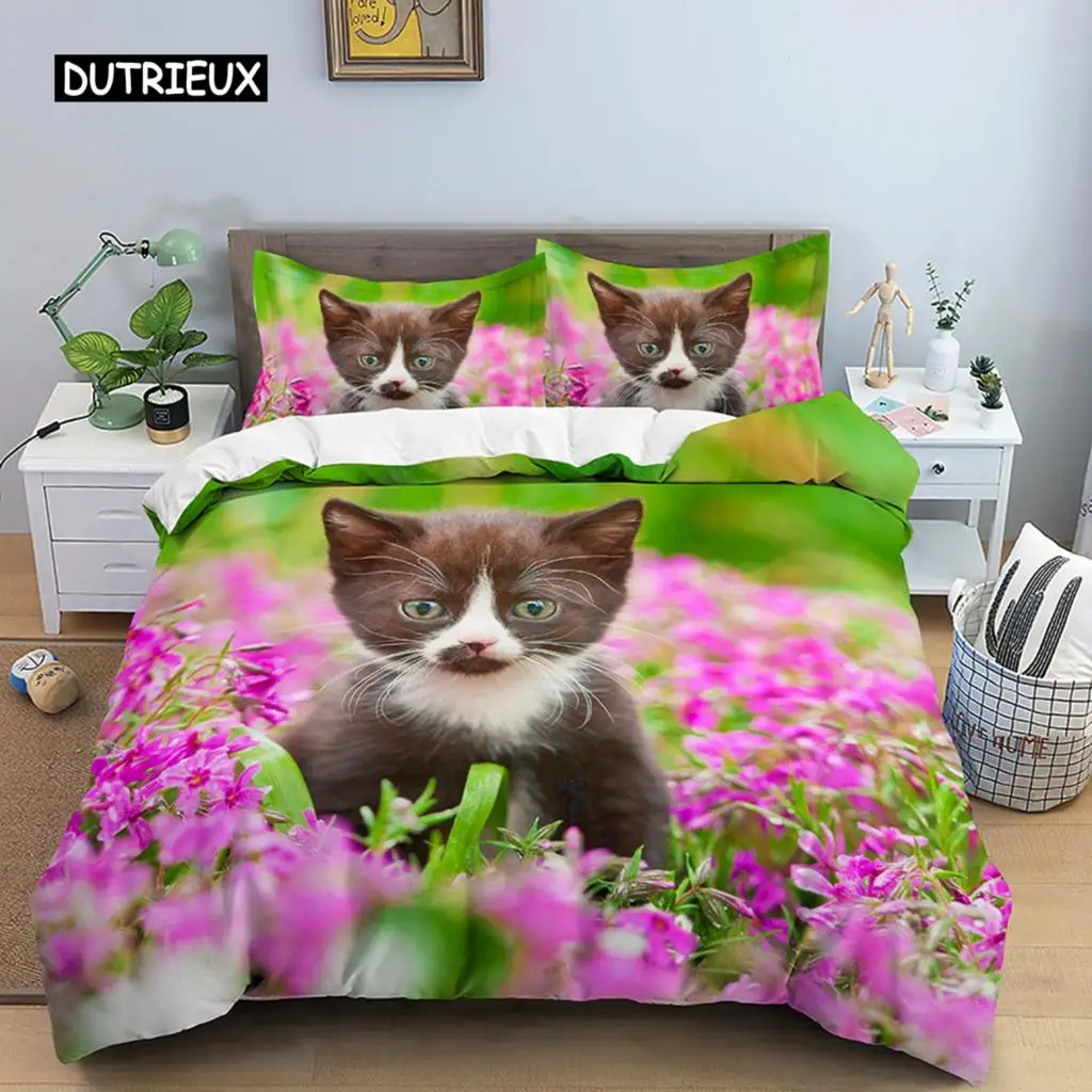 

3D Cat Printed Bedding Set Duvet Cover King Size with Zipper Closure Luxury Bed Set Comfortable Polyester Quilt Cover