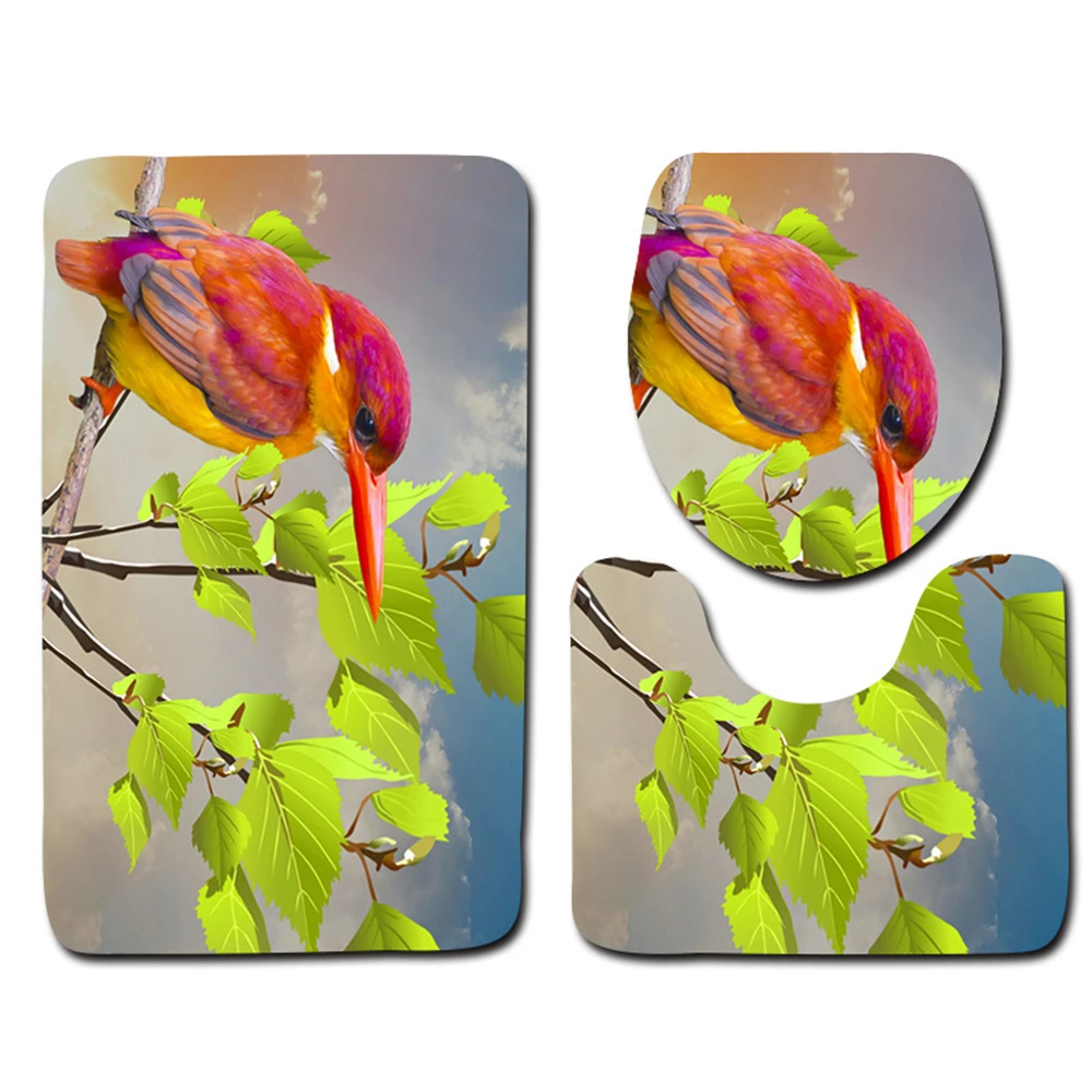 

Bird Green Leaf Bathroom Set Green Leaf Summer landscape non-slip Carpet U-shaped Toilet Mat Bathroom Decor Super Absorb water