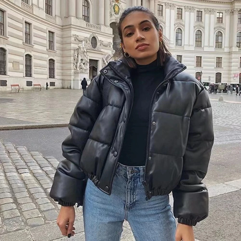 DressWinter 2024 New PU Leather - Clothes Women Stand Collar Short Warm Bread Clothing Cotton-Padded Jacket