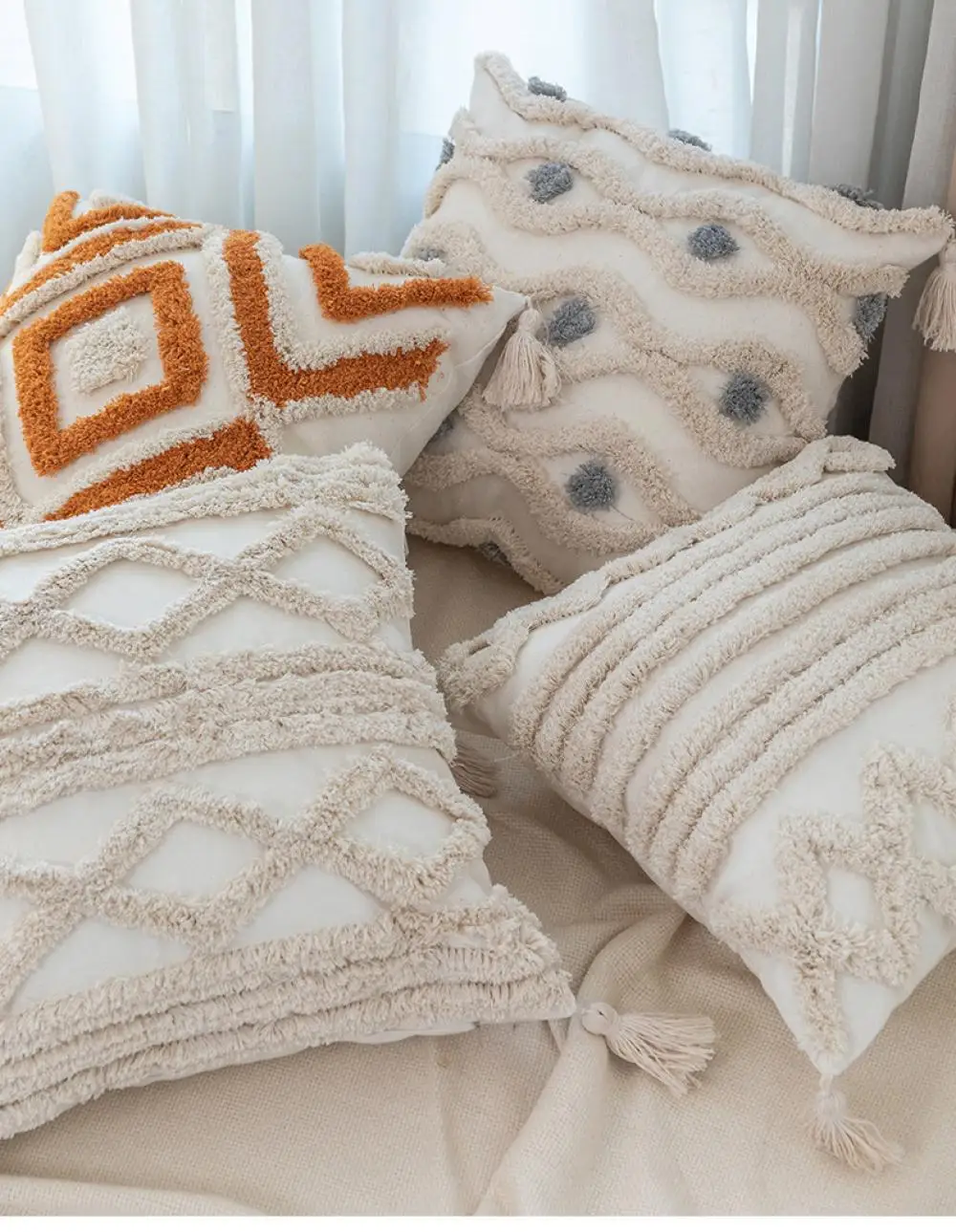 45x45cm Bohemian Kissenbezug im Nordischen Stil Getuftet Bestickt Kissenhülle mit Fransen für Wohnzimmer Sofa Luxuriöser Kissenbezug – Detail 3