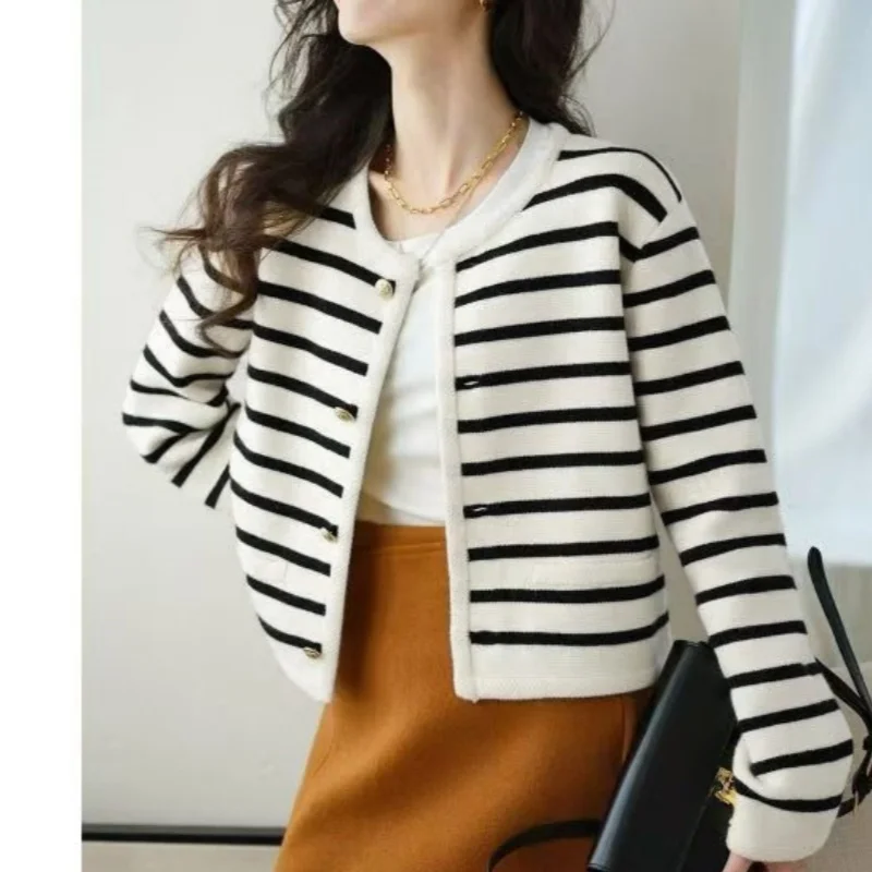 Korean Chic Elegant Office Lady Stripe Cardigan Matching Vintage Coats & Blouses Pretty Women's Sweaters Female Long Sleeve Top