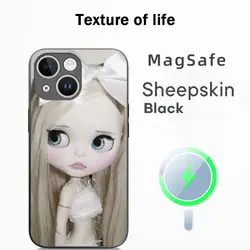 Blythe Cute Doll Fashion Pattern High - End Luxury Magsafe Sheepskin Phone Case - iPhone 15 Plus (Black1)