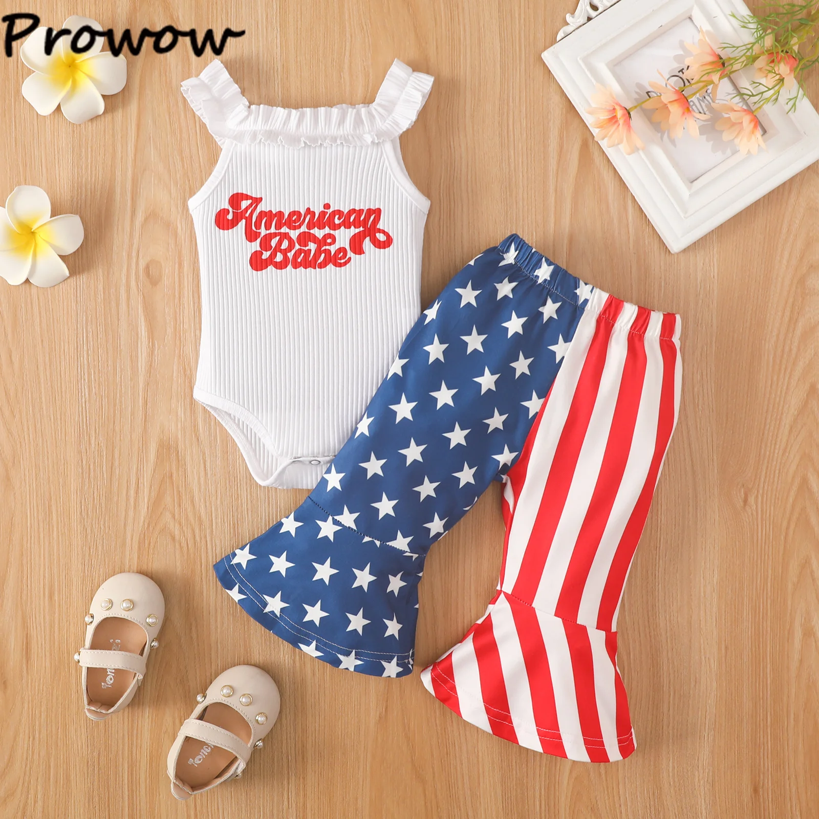 Prowow 0-18 Months Independence Day Outfits Kids American Baby Romper+Stars Stripe Flared Pants Baby 4th Of July Outfit baby clothes mini set