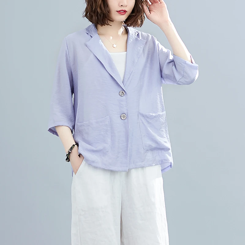 QOERLIN Big Size Thin Linen Blazer Women Suit Jacket 3/4 Sleeve Summer Pocket Single-Breasted Notched Patchwork Oversize Blazer