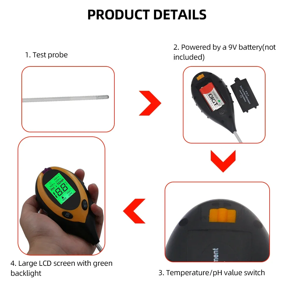 Soil Tester4 in 1 Soil Tester PH Moisture Temp Flower Meter