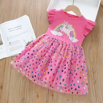 Summer New Girls' Skirt Flying Sleeve Rainbow Unicorn Princess Skirt Super Fairy Love Mesh Splicing Dress 1