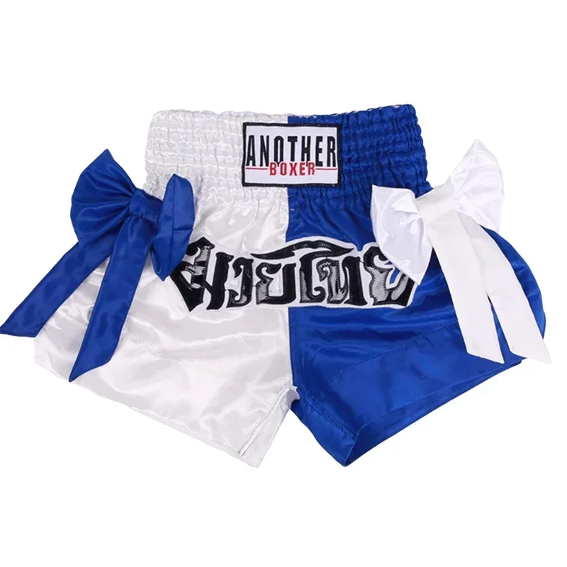 Muay Thai Shorts Bow Ribbons Satin Kick Boxing Shorts Men Women Child Gym Kickboxing Training Cage Fighting MMA Grappling Pants