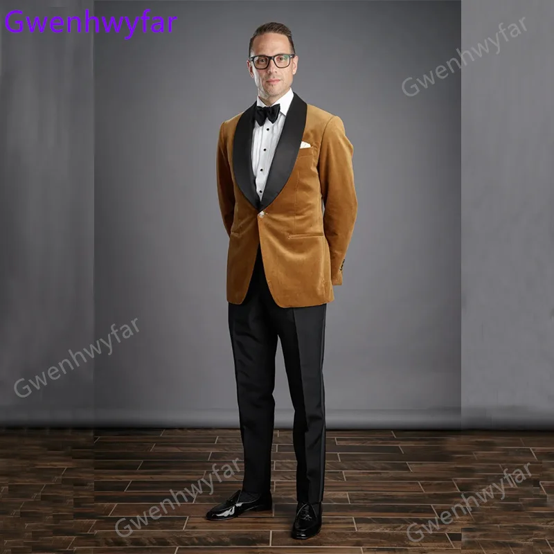 

Gwenhwyfar Good Quality Traje De Caballero Elegante Black Shawl Lapel One Button Brown Velvet Gentleman Blazer Sets Jacket Suit