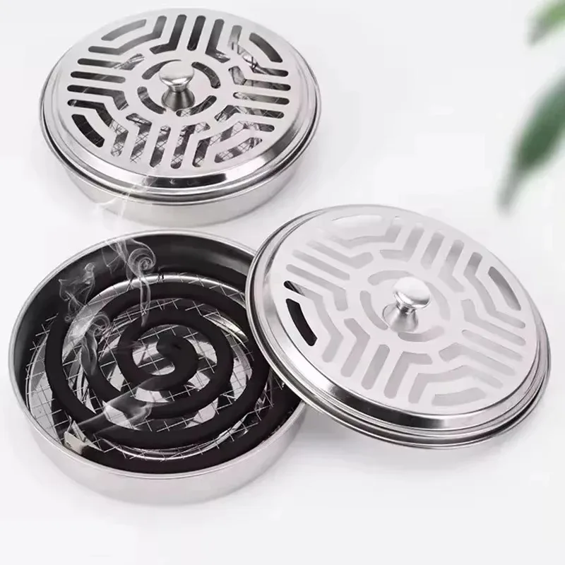 Mosquito Coils Holder Stainless Steel Mosquito Coil Box with Cover Round Mosquito Coil Tray Easy To Clean Anti-Mosquito Supplies