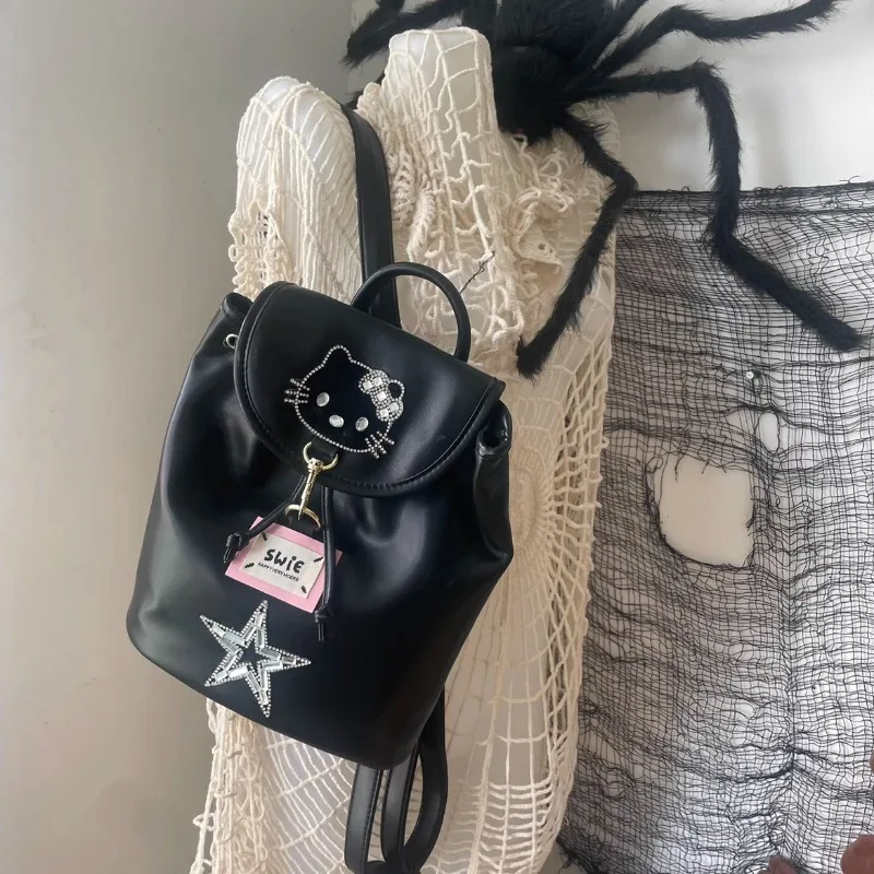 MBTI Y2k Hello Kitty Womens Backpack Vintage Black Pu Leather Fashion Casual Backpacks Patchwork Luxury Designer New Female Bag