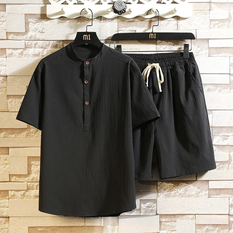 Men's Cotton and Linen Short Sleeve T-shirt + Shorts 2PC Set Solid Shirt + Shorts Home Suits Male S-6XL Men Clothes shirt and shorts set