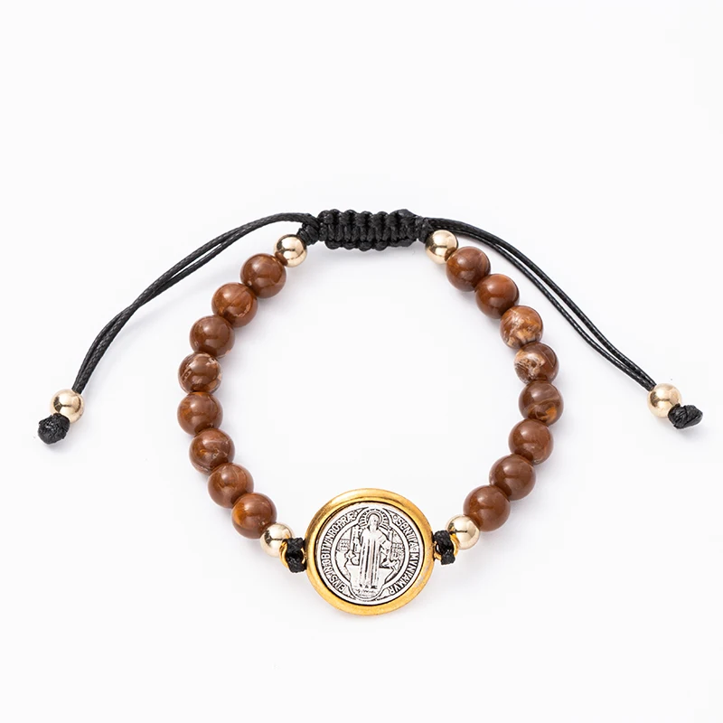 Vintage Saint Benedict Medal Cross Charm Gold/Silver Color Religious Weave Bracelet Catholic Medals Bracelet Pulsera Catolica