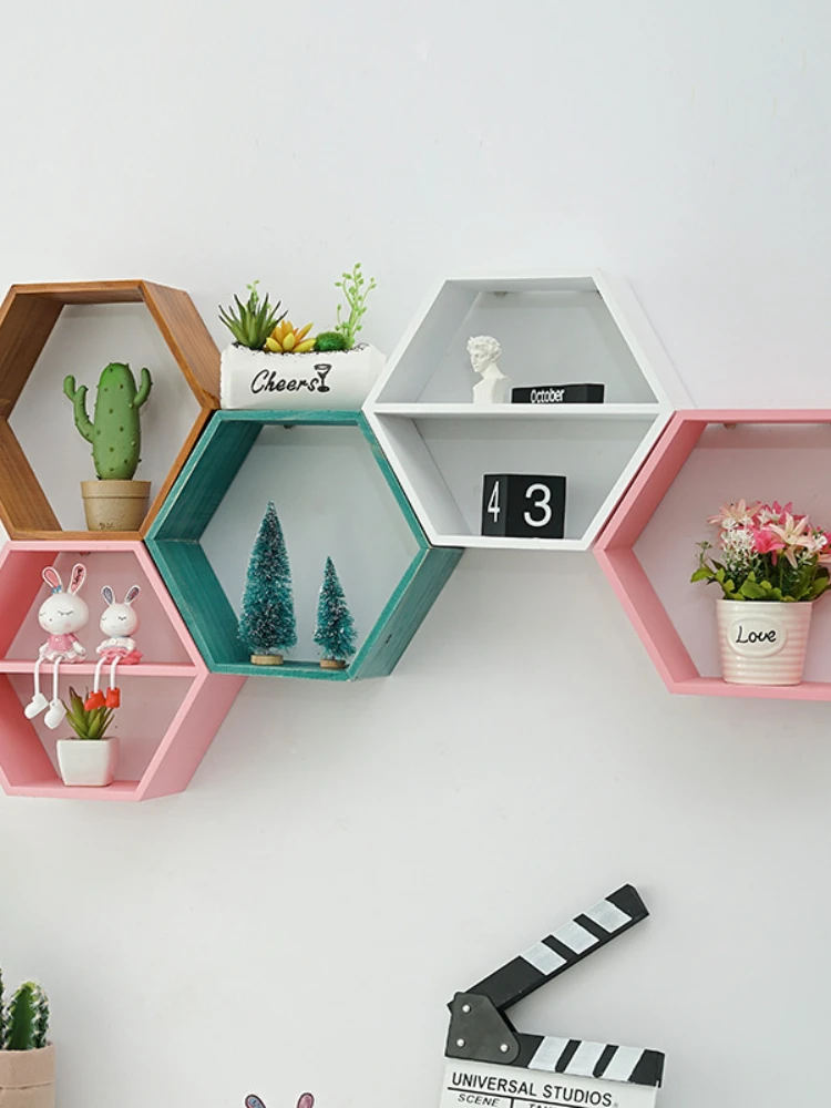 Nordic Style Wooden Decor Wall Mount Hexagonal Frame Books Toys Flower Pot Storage Shelf Holder Figurines Display Crafts Shelves