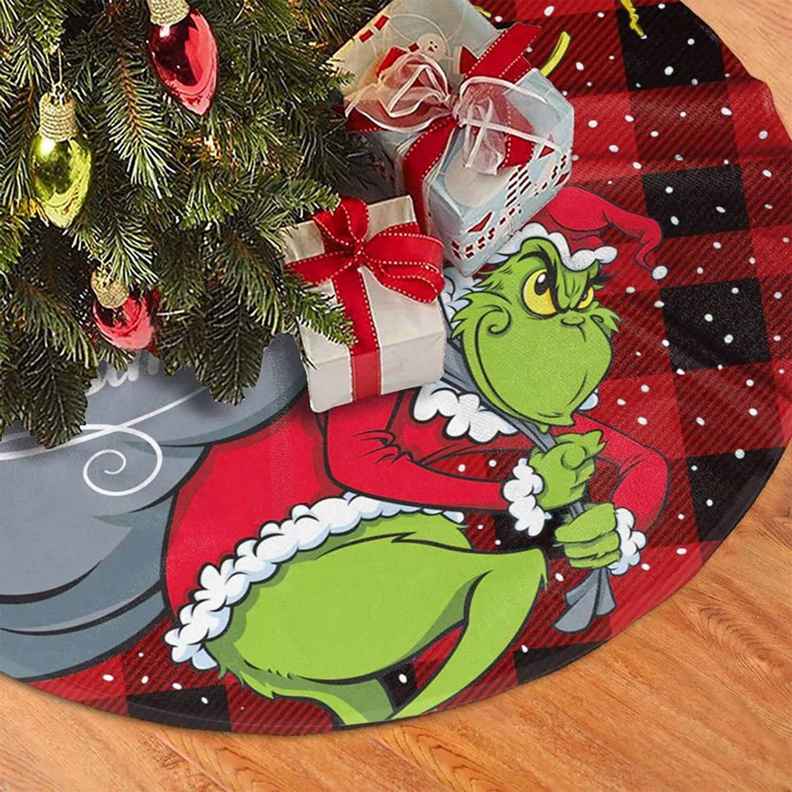G-rinch Large Christmas Tree Skirt Red & Green Merry Christmas Tree Skirt Collar, Soft Xmas Holiday Decoration Happy New Year