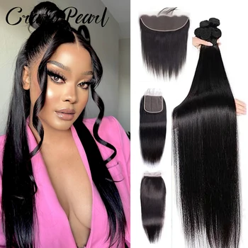 Extension di Capelli Umani con Frontale, Capelli Lisci con Chiusura Frontale in Pizzo HD 13X4, Capelli Vergini Brasiliani Non Trattati